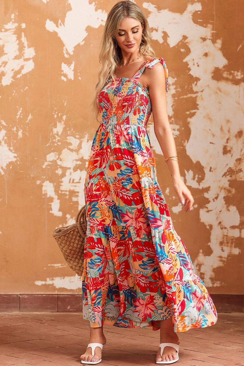 Printed Tie Shoulder Smocked Tiered Maxi Dress - Guy Christopher