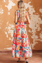 Printed Tie Shoulder Smocked Tiered Maxi Dress - Guy Christopher