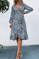 Printed Tie-Waist Balloon Sleeve Plunge Dress - Guy Christopher