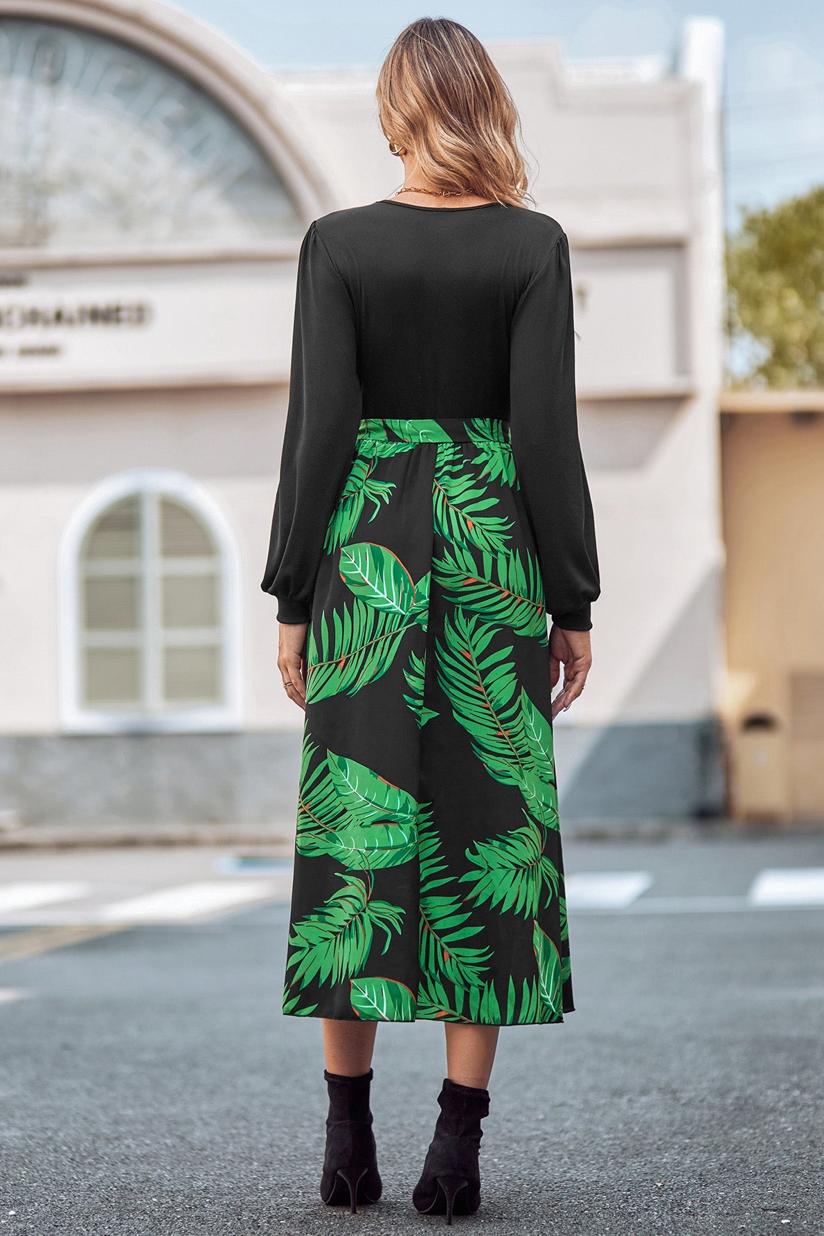 Printed Tie Waist Long Sleeve Dress - Guy Christopher