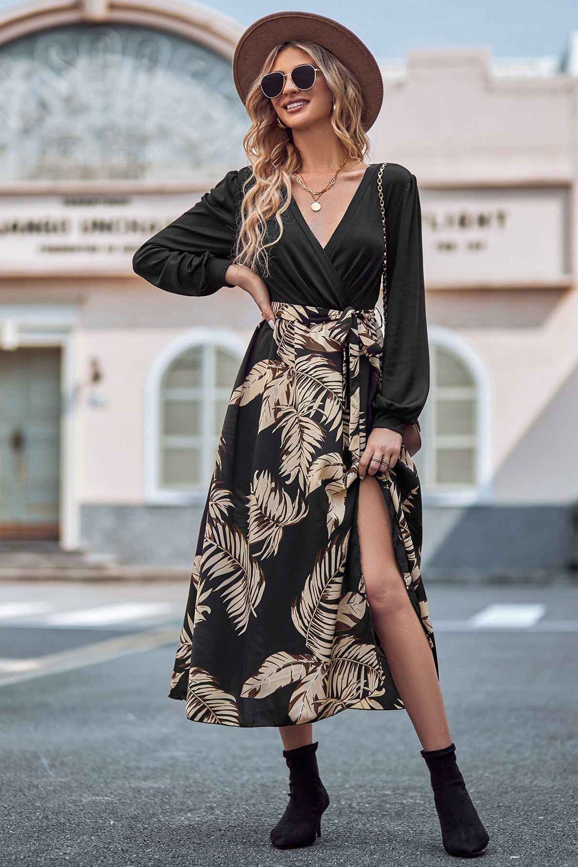 Printed Tie Waist Long Sleeve Dress - Guy Christopher