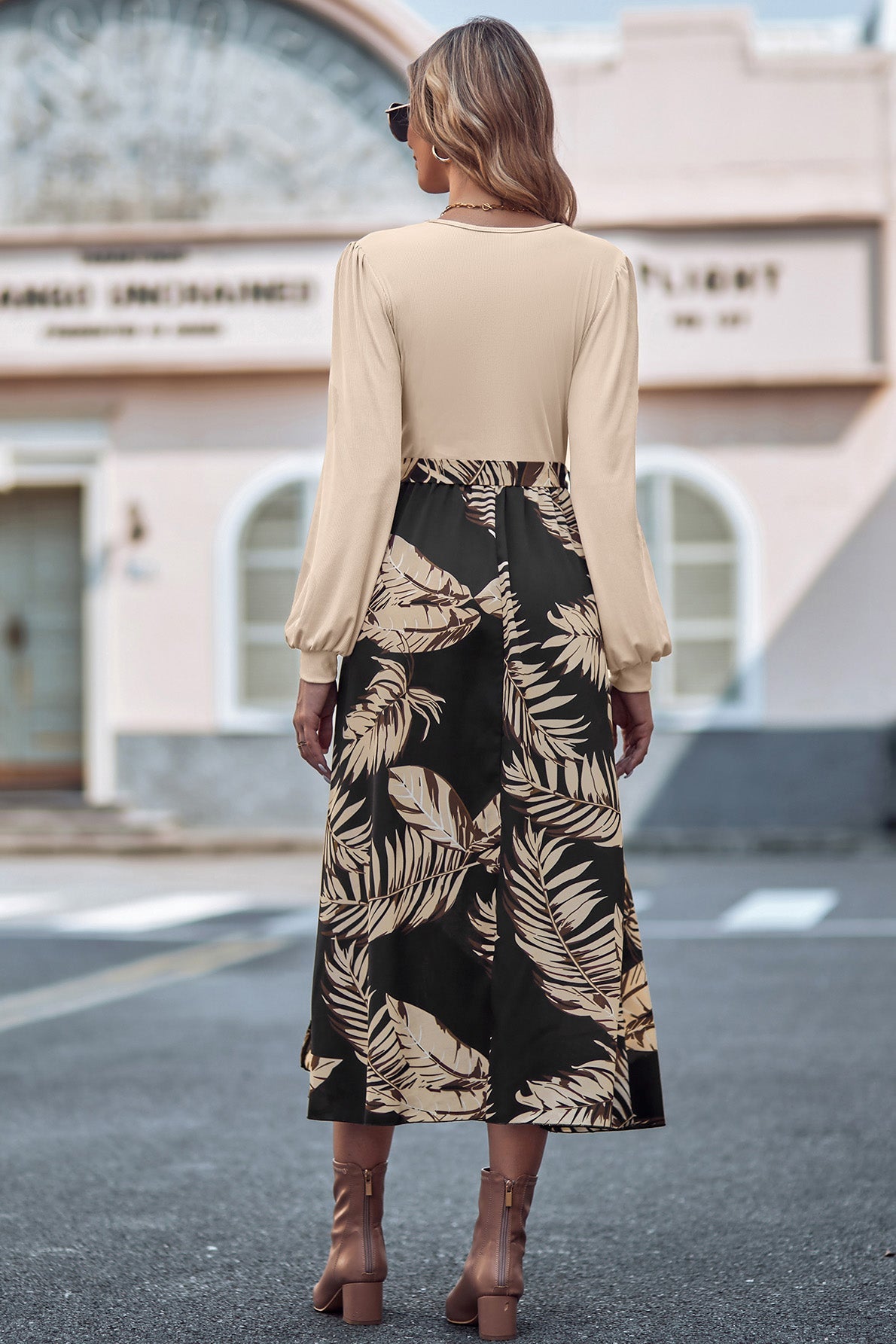 Printed Tie Waist Long Sleeve Dress - Guy Christopher