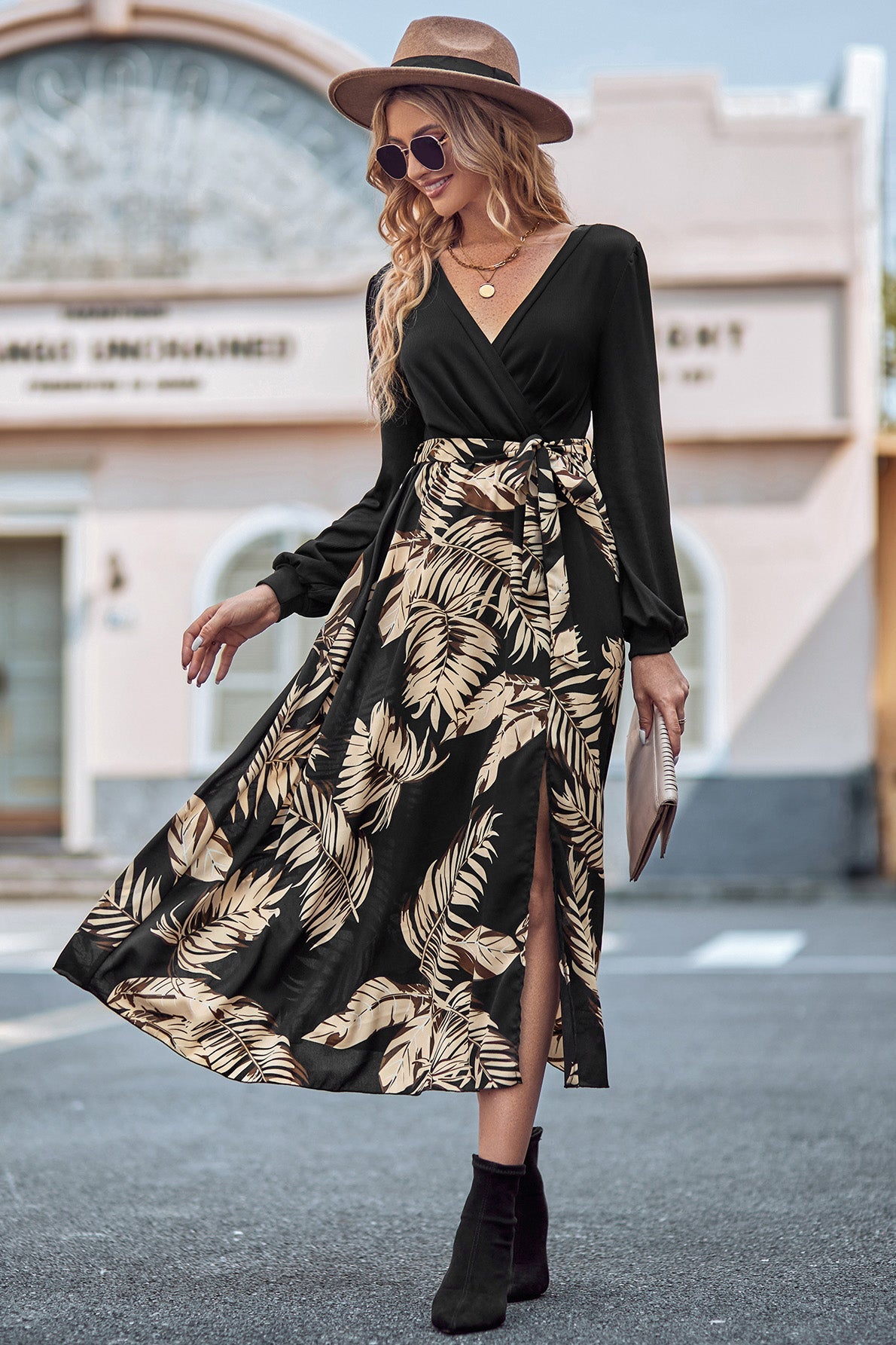 Printed Tie Waist Long Sleeve Dress - Guy Christopher