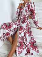 Printed Tie Waist Notched Neck Midi Dress - Guy Christopher