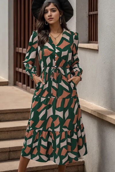 Printed Tied Pocketed Lantern Sleeve Dress - Guy Christopher