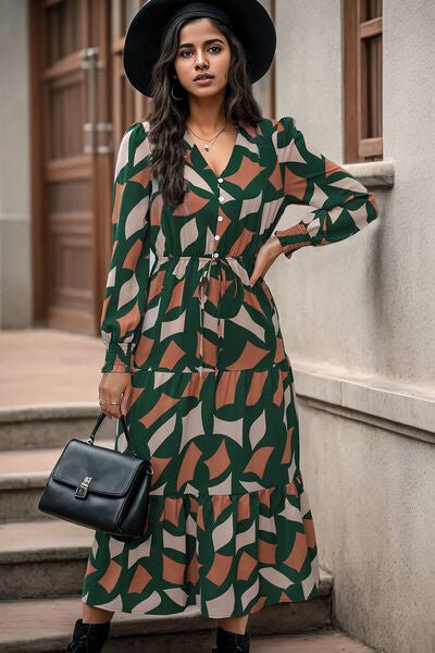 Printed Tied Pocketed Lantern Sleeve Dress - Guy Christopher