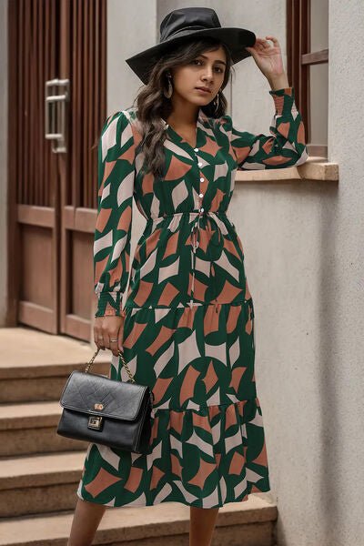 Printed Tied Pocketed Lantern Sleeve Dress - Guy Christopher