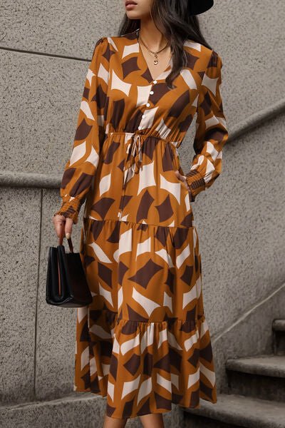 Printed Tied Pocketed Lantern Sleeve Dress - Guy Christopher