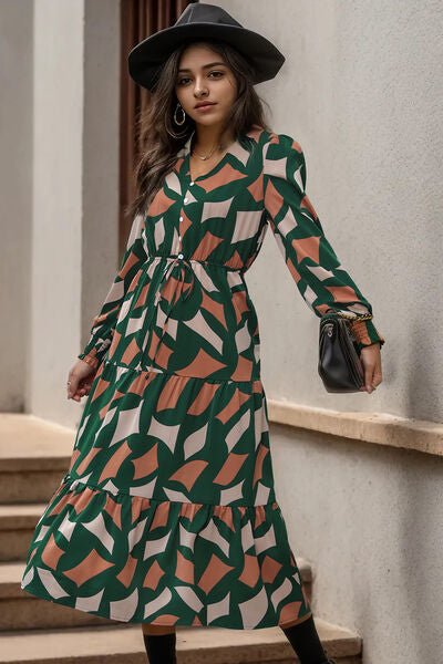 Printed Tied Pocketed Lantern Sleeve Dress - Guy Christopher