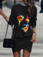 Printed Turtleneck Long Sleeve Mini Dress - Guy Christopher