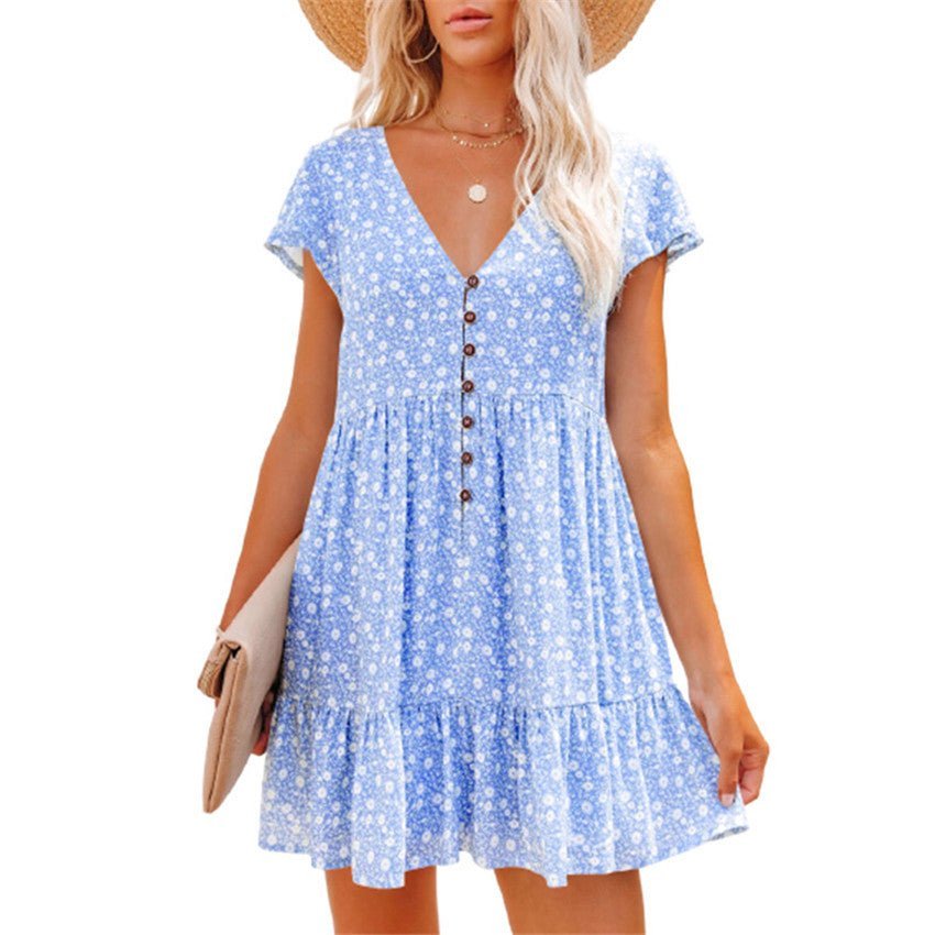 Printed V-Neck Buttoned Short Sleeve Mini Dress - Guy Christopher