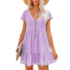 Printed V-Neck Buttoned Short Sleeve Mini Dress - Guy Christopher