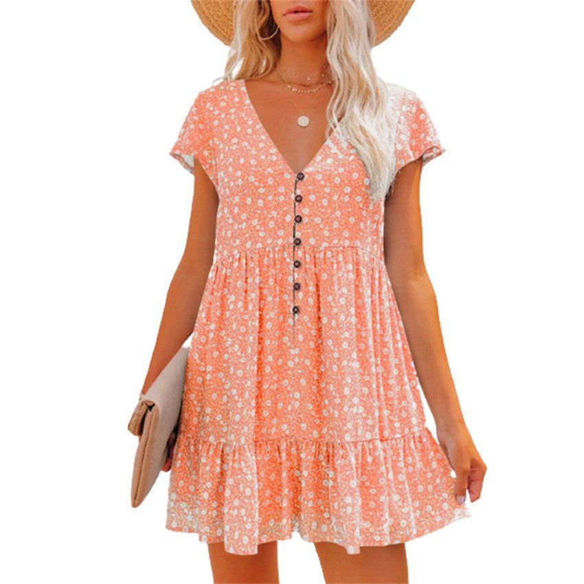 Printed V-Neck Buttoned Short Sleeve Mini Dress - Guy Christopher