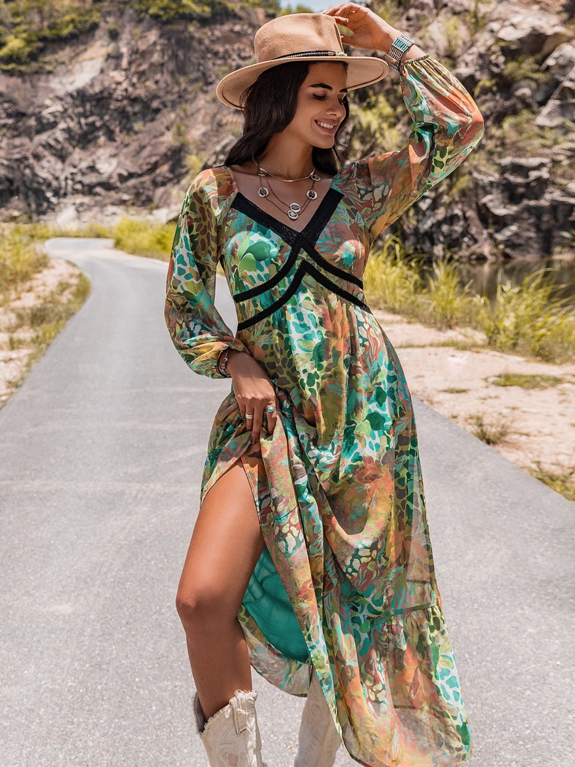 Printed V-Neck Long Sleeve Dress - Guy Christopher