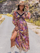 Printed V-Neck Long Sleeve Dress - Guy Christopher