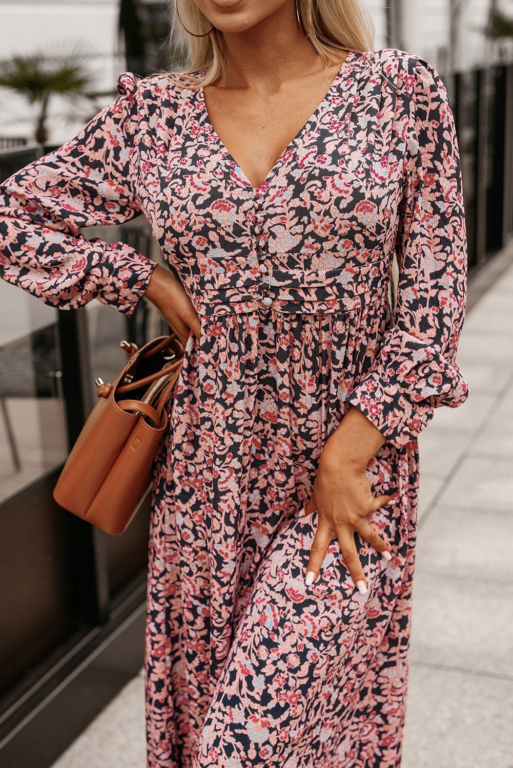 Printed V-Neck Long Sleeve Maxi Dress - Guy Christopher