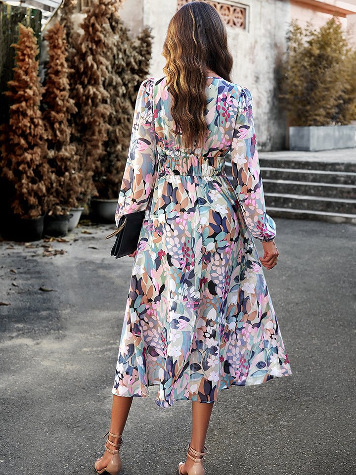 Printed V-Neck Long Sleeve Midi Dress - Guy Christopher