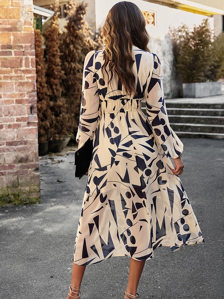 Printed V-Neck Long Sleeve Midi Dress - Guy Christopher