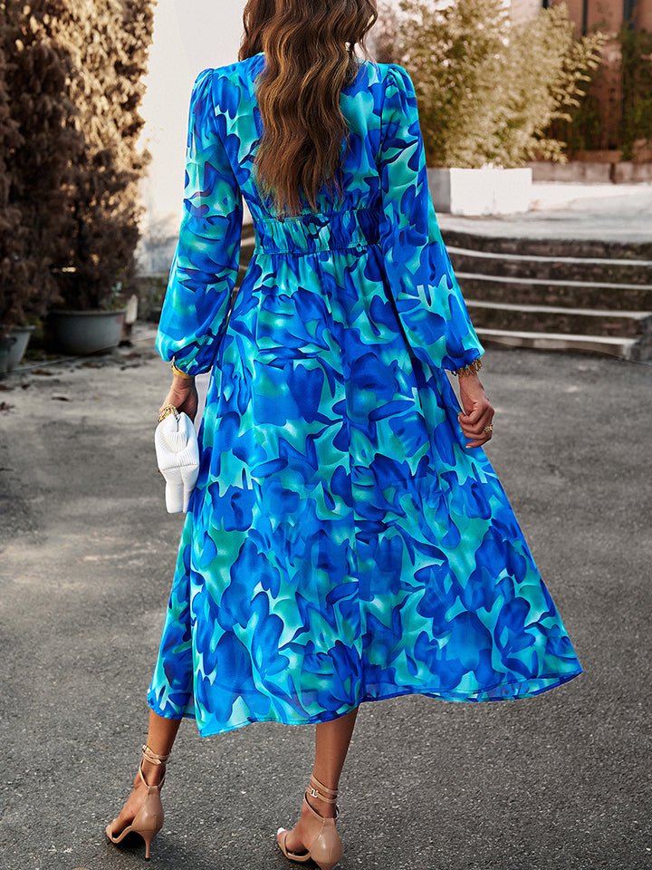 Printed V-Neck Long Sleeve Midi Dress - Guy Christopher