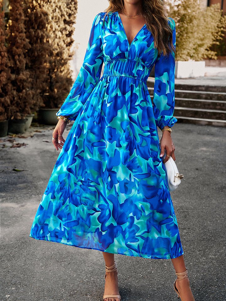 Printed V-Neck Long Sleeve Midi Dress - Guy Christopher