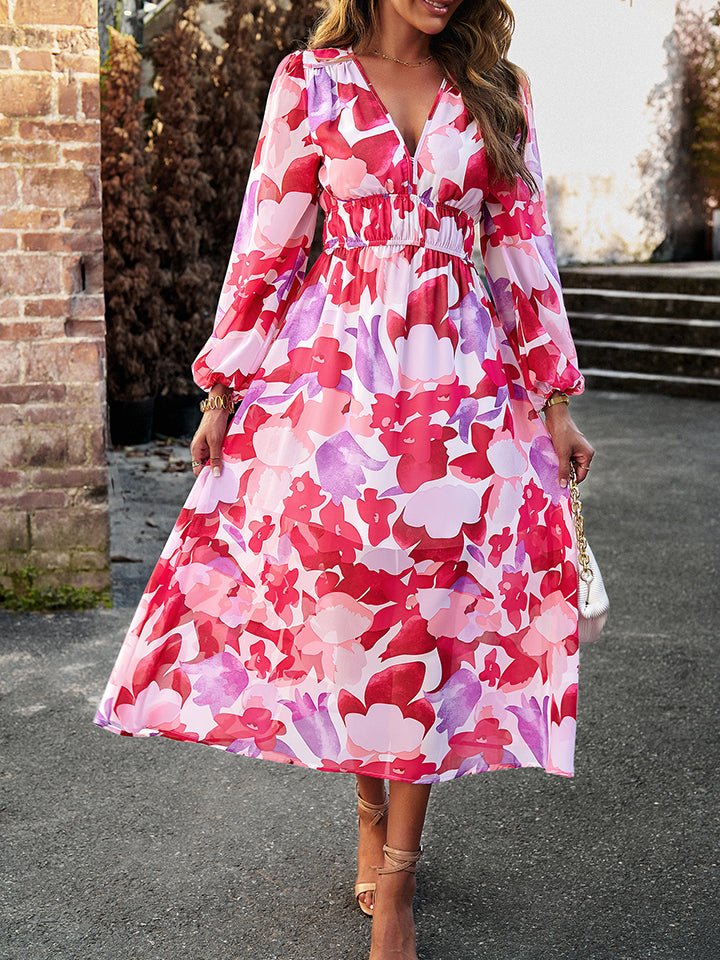 Printed V-Neck Long Sleeve Midi Dress - Guy Christopher