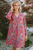 Printed V-Neck Long Sleeve Mini Dress - Guy Christopher