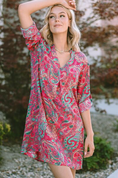 Printed V-Neck Long Sleeve Mini Dress - Guy Christopher