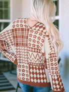Printed V-Neck Long Sleeve Sweater - Guy Christopher
