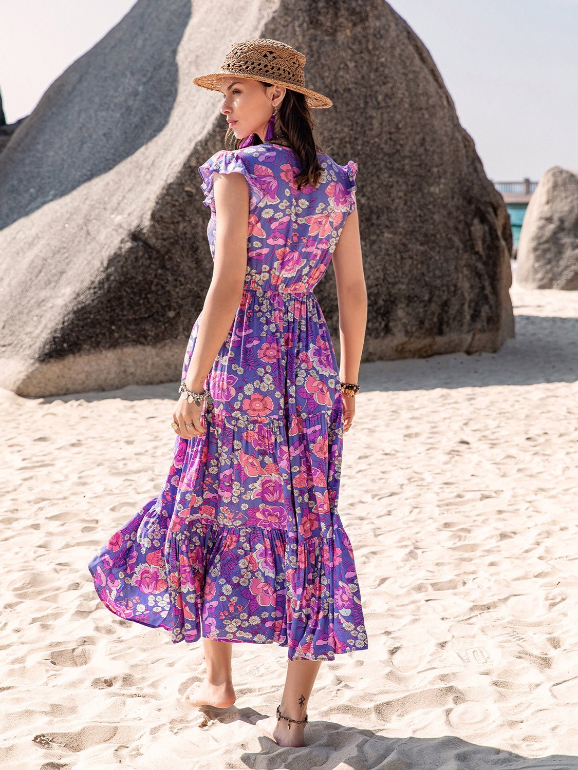 Printed V-Neck Midi Dress - Guy Christopher