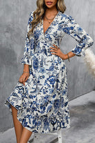 Printed V-Neck Ruffle Hem Flounce Sleeve Dress - Guy Christopher