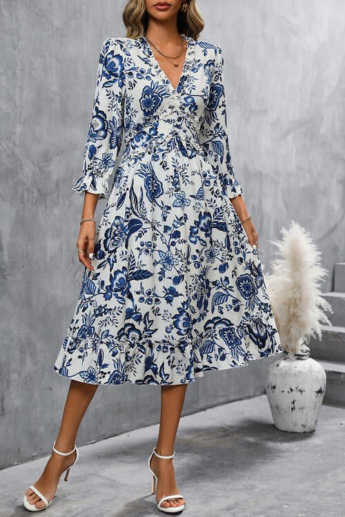 Printed V-Neck Ruffle Hem Flounce Sleeve Dress - Guy Christopher