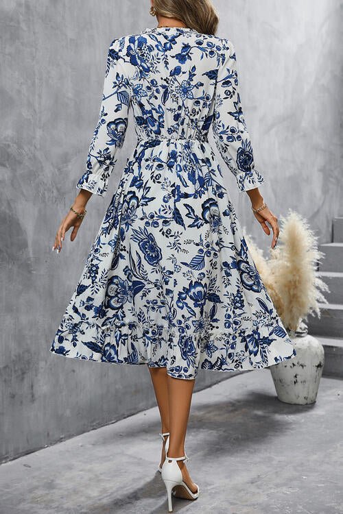 Printed V-Neck Ruffle Hem Flounce Sleeve Dress - Guy Christopher