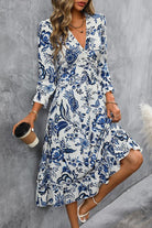 Printed V-Neck Ruffle Hem Flounce Sleeve Dress - Guy Christopher