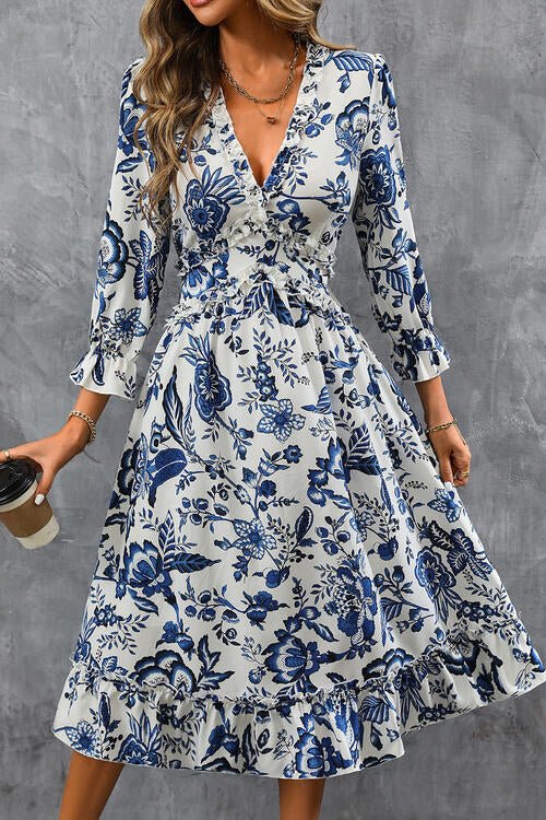 Printed V-Neck Ruffle Hem Flounce Sleeve Dress - Guy Christopher