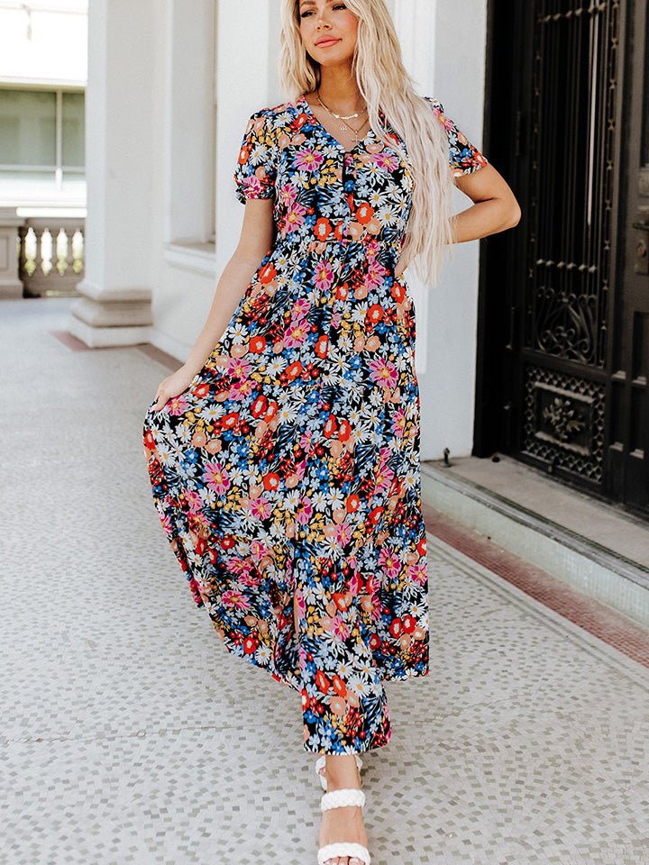 Printed V-Neck Short Sleeve Maxi Dress - Guy Christopher