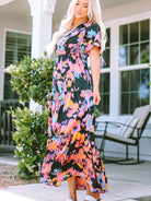 Printed V-Neck Short Sleeve Maxi Dress - Guy Christopher