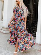 Printed V-Neck Short Sleeve Maxi Dress - Guy Christopher