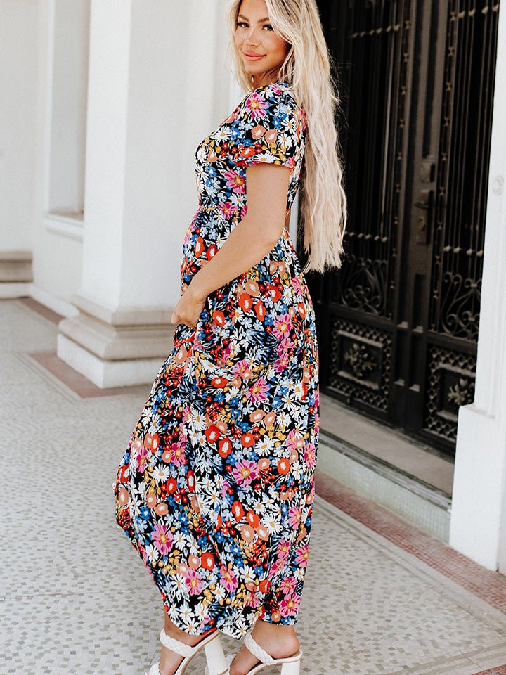 Printed V-Neck Short Sleeve Maxi Dress - Guy Christopher