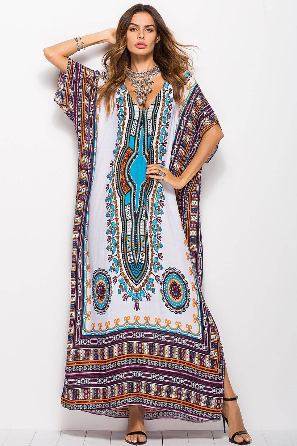 Printed V-Neck Side Slit Maxi Dress - Guy Christopher