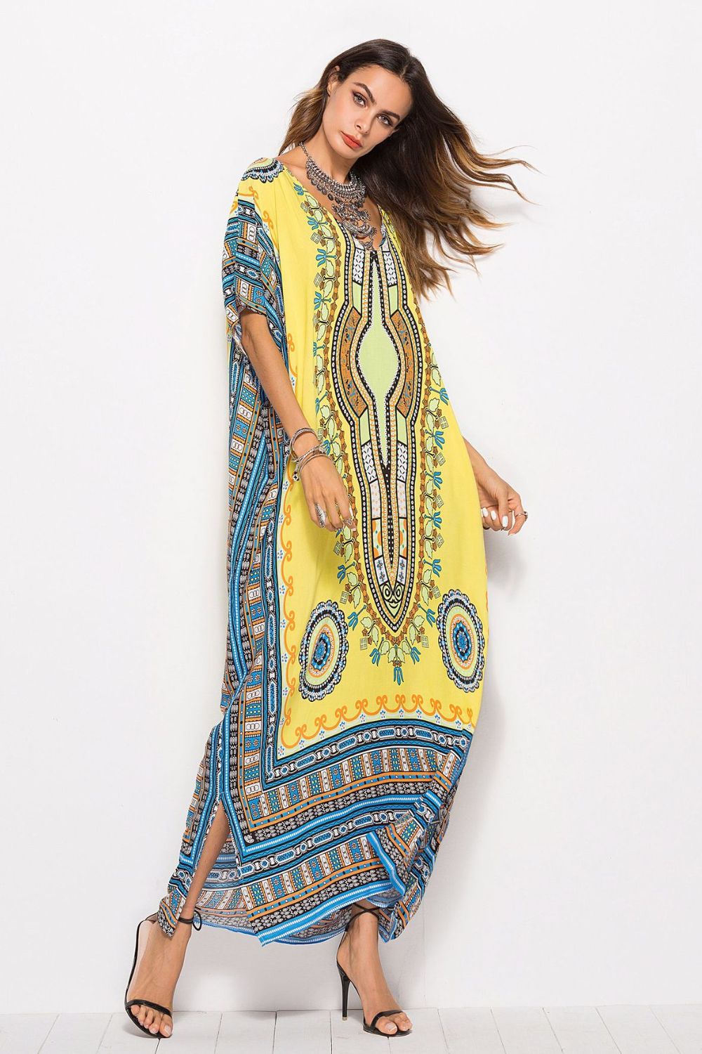 Printed V-Neck Side Slit Maxi Dress - Guy Christopher