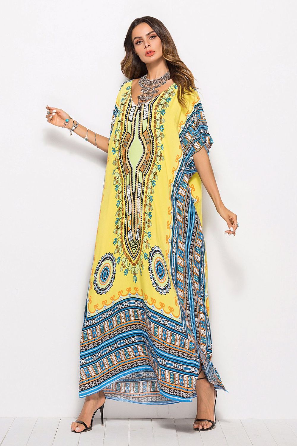 Printed V-Neck Side Slit Maxi Dress - Guy Christopher