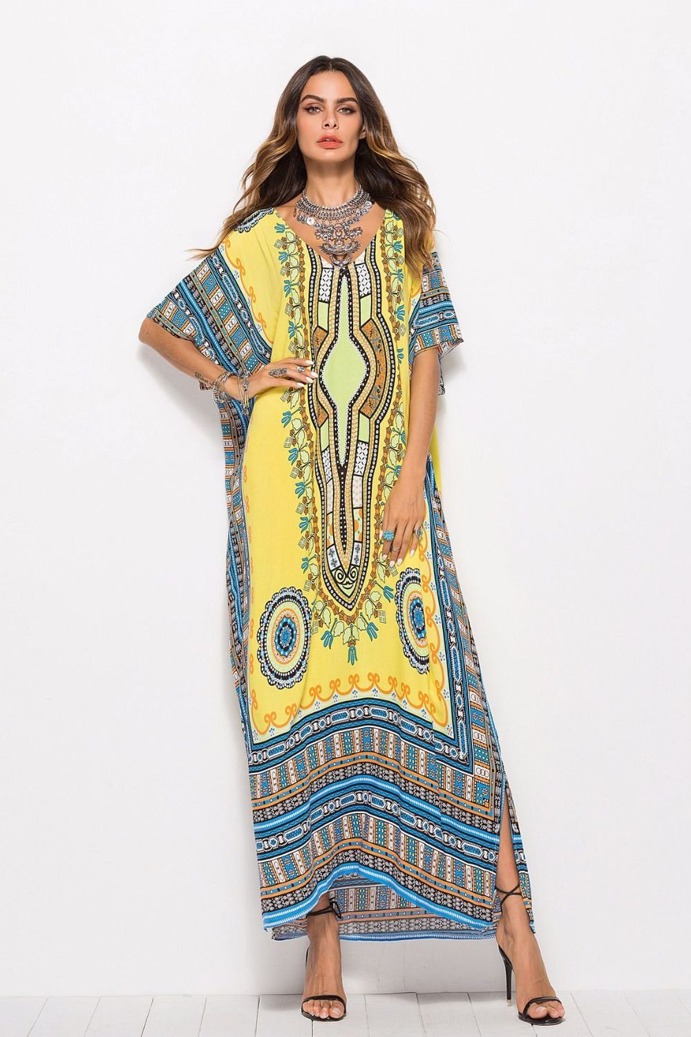 Printed V-Neck Side Slit Maxi Dress - Guy Christopher