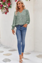 Printed V-Neck Smocked Lantern Sleeve Blouse - Guy Christopher