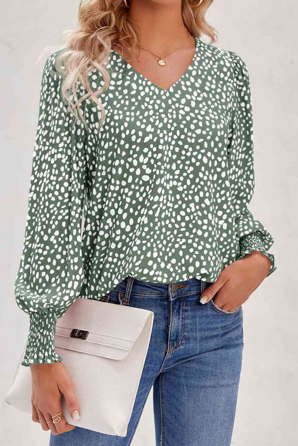 Printed V-Neck Smocked Lantern Sleeve Blouse - Guy Christopher