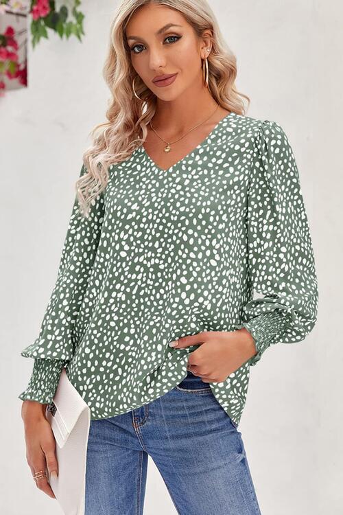 Printed V-Neck Smocked Lantern Sleeve Blouse - Guy Christopher