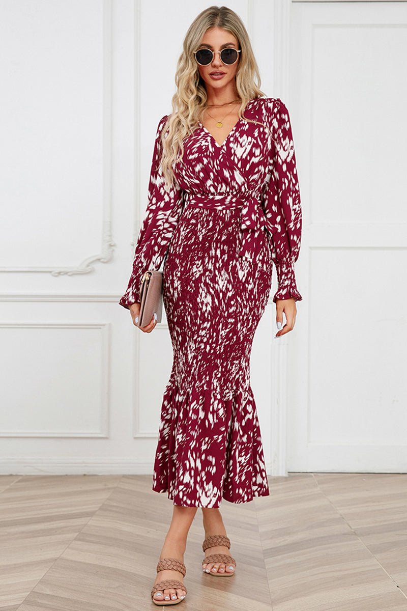 Printed V-Neck Smocked Midi Dress - Guy Christopher