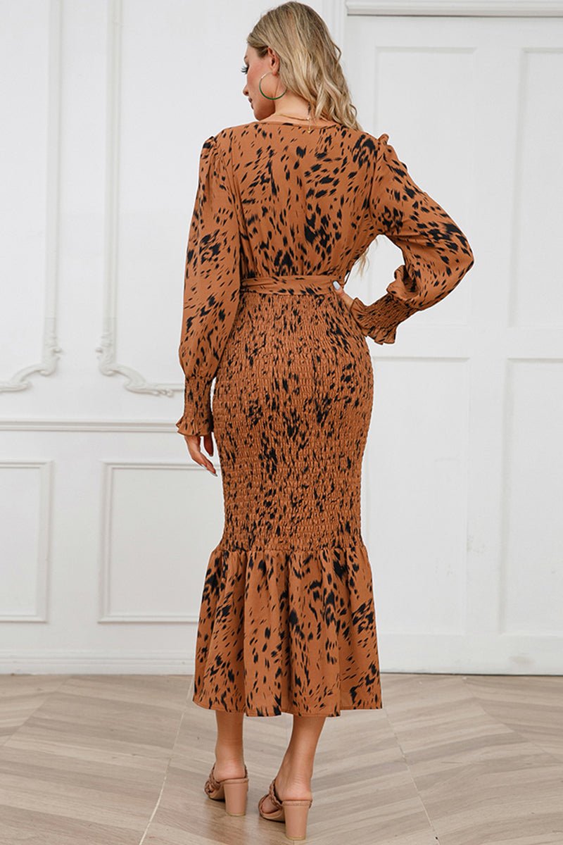 Printed V-Neck Smocked Midi Dress - Guy Christopher