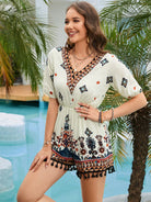 Printed V-Neck Tassel Hem Romper - Guy Christopher