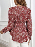 Printed V-Neck Tie Front Flounce Sleeve Blouse - Guy Christopher