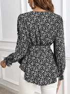 Printed V-Neck Tie Front Flounce Sleeve Blouse - Guy Christopher